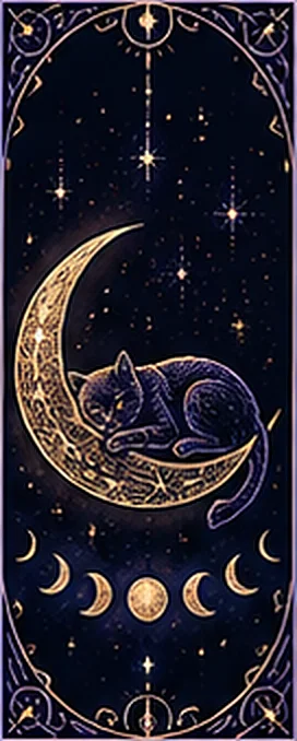 Кошка спит на полумесяце, внизу фазы Луны